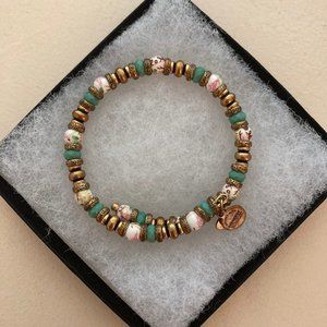 ALEX AND ANI TEAL, GOLD, AND FLORAL BEADED BRACELET